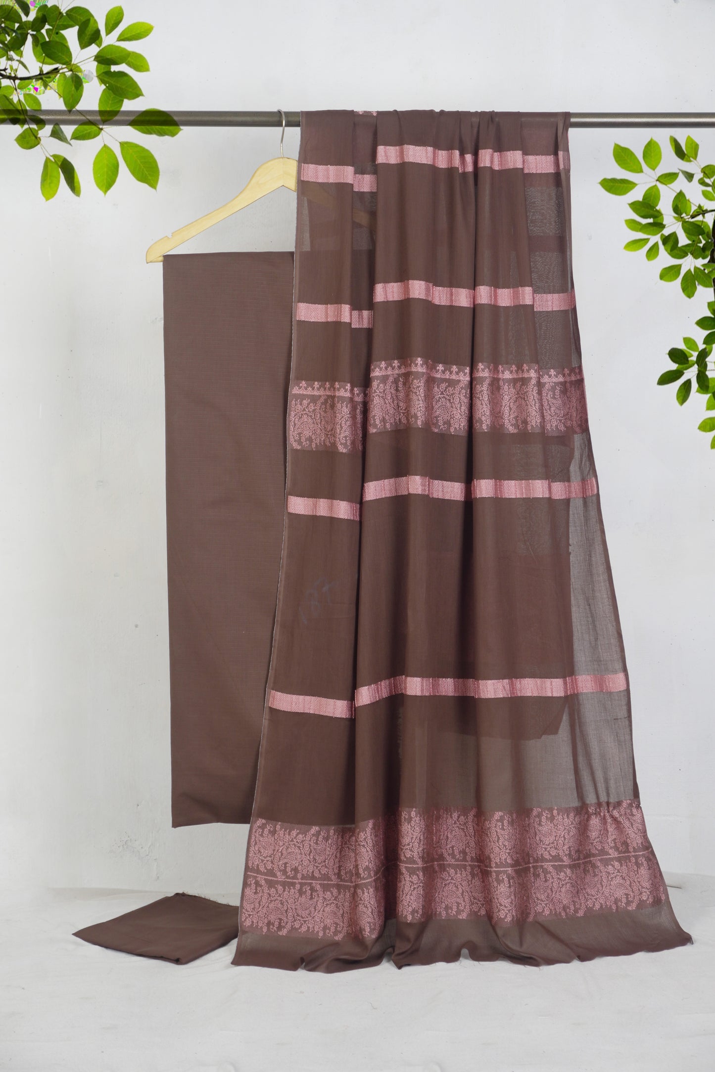 3 Piece  doria lawn with banarsi shawl chocolate BSL2