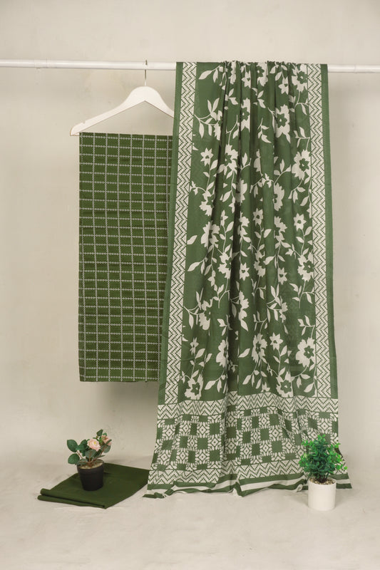 3 piece Lawn Embroided shirt with  digital printed dubatta EDD2 Green