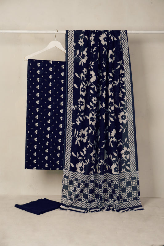 3 piece Lawn Embroided shirt with  digital printed dubatta (Navy BLUE)  EDD12