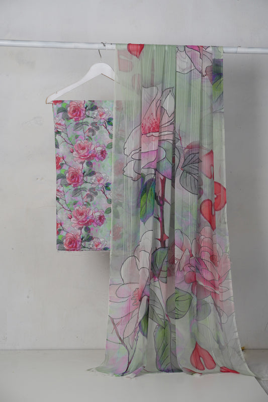 3Piece - Printed   Lawn Suit Bana Dora shirt trouser with Shiffon Dubatta  LPSD1