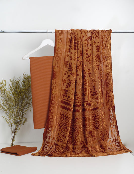 3 piece winter Palachi Shawl with Bana Dora  Dhanak Marina shirt & Trouser (RUST )