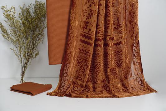 3 piece winter Palachi Shawl with Bana Dora  Dhanak Marina shirt & Trouser (RUST )