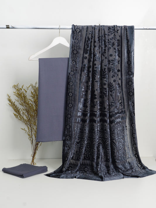 3 piece winter Palachi Shawl with Bana Dora  Dhanak Marina shirt & Trouser (GREY)