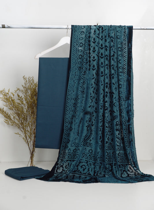 3 piece winter Palachi Shawl with velvet Bana Dora  Dhanak Marina shirt & Trouser (zinc)