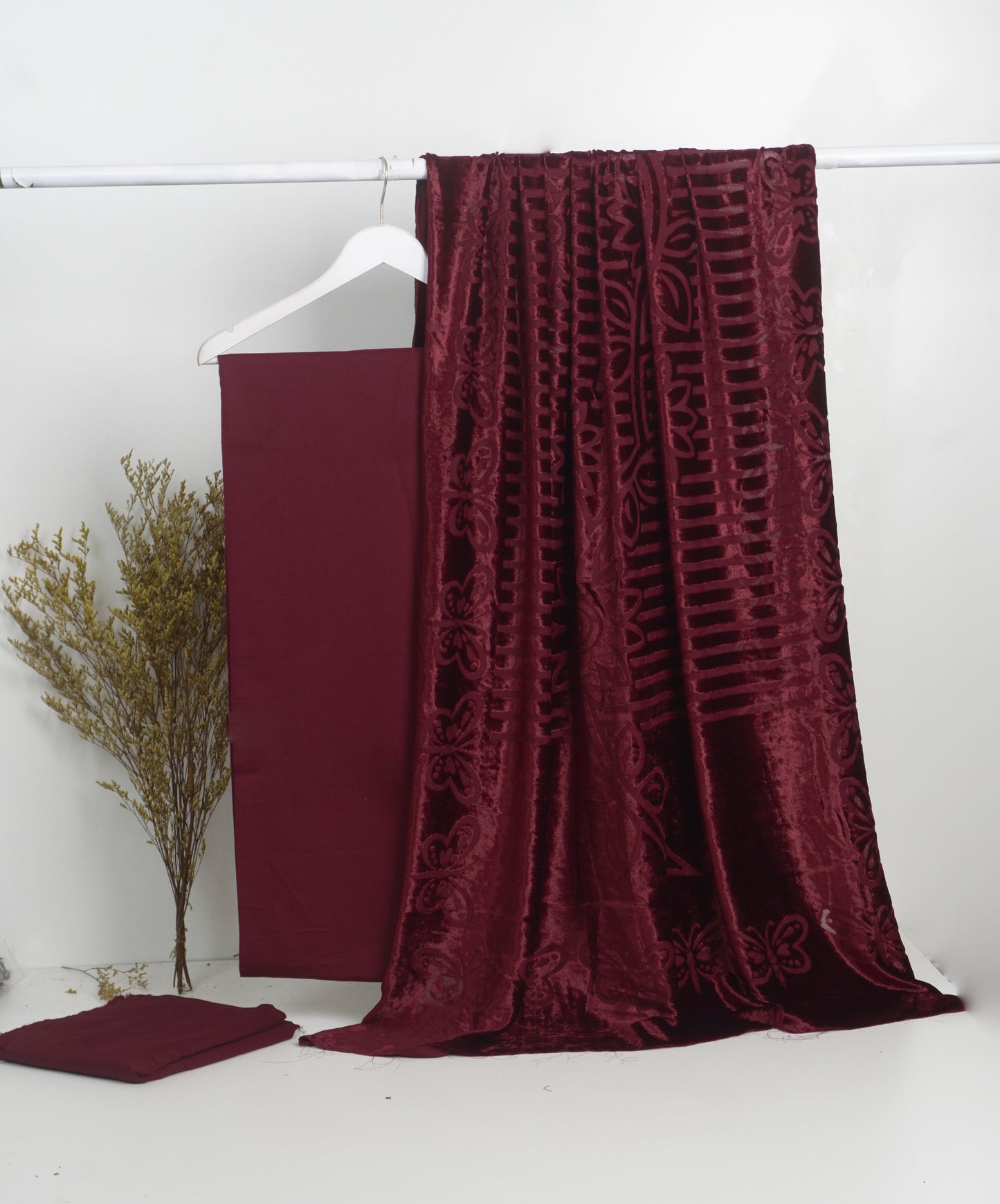 3 piece winter Palachi Shawl with Moon light Dhanak Marina shirt & Trouser (maroon ) BD