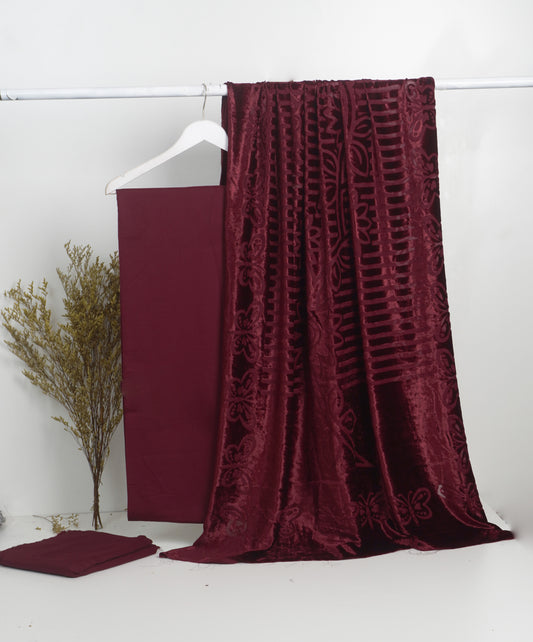 3 piece winter Palachi Shawl with Moon light Dhanak Marina shirt & Trouser (maroon ) BD