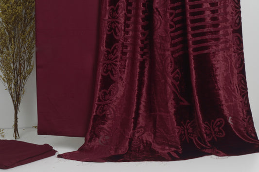 3 piece winter Palachi Shawl with Moon light Dhanak Marina shirt & Trouser (maroon ) BD