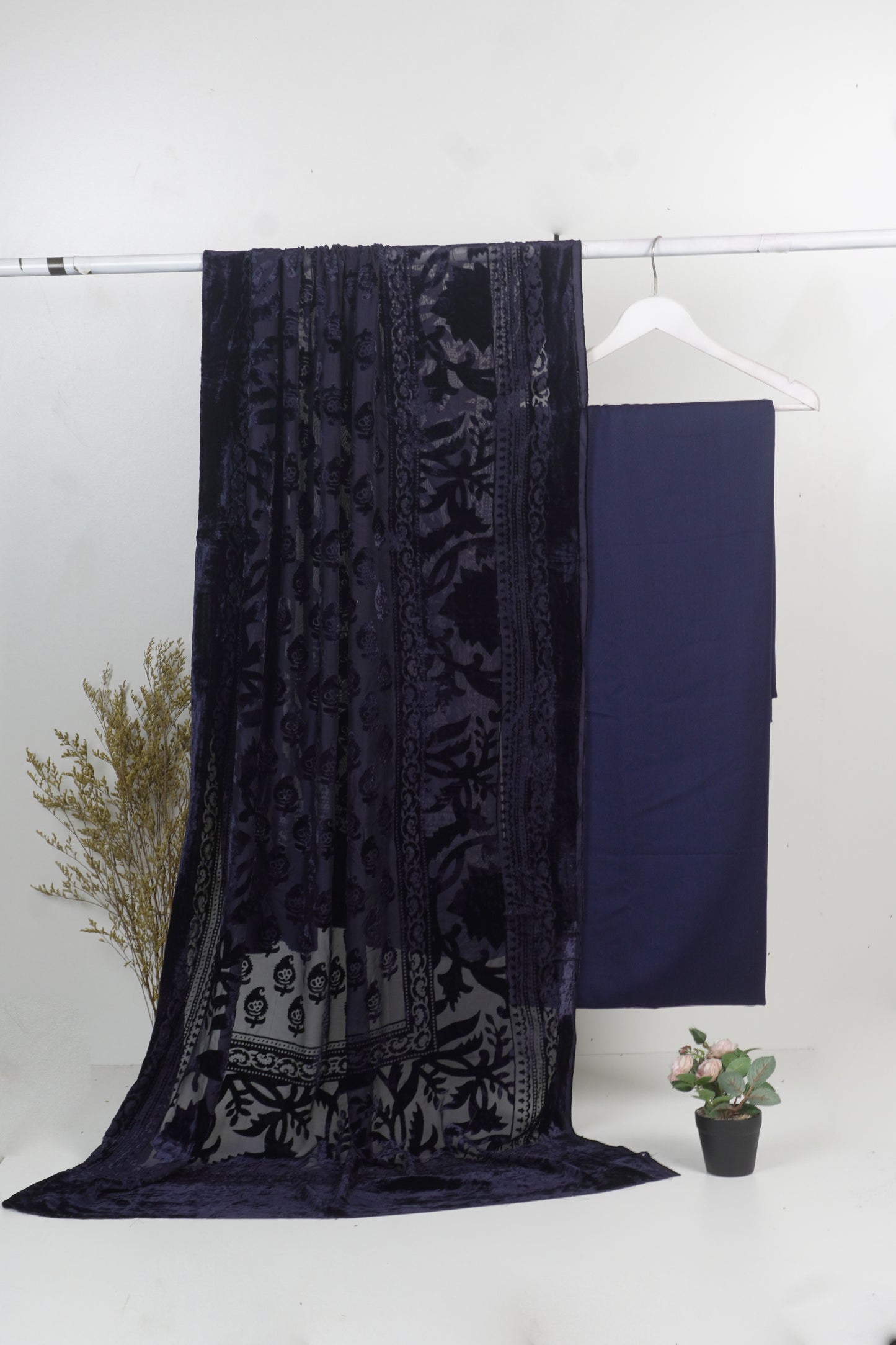 3 piece winter Palachi Shawl with plain dhanak marina  shirt & Trouser (Navy Blue ) FC