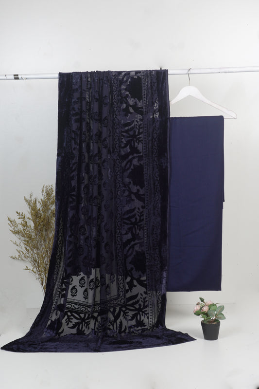 3 piece winter Palachi Shawl with plain dhanak marina  shirt & Trouser (Navy Blue ) FC