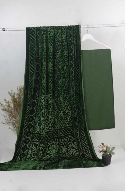 3 piece winter Palachi Shawl with Rice karandi shirt & Trouser (bottle green  ) FC