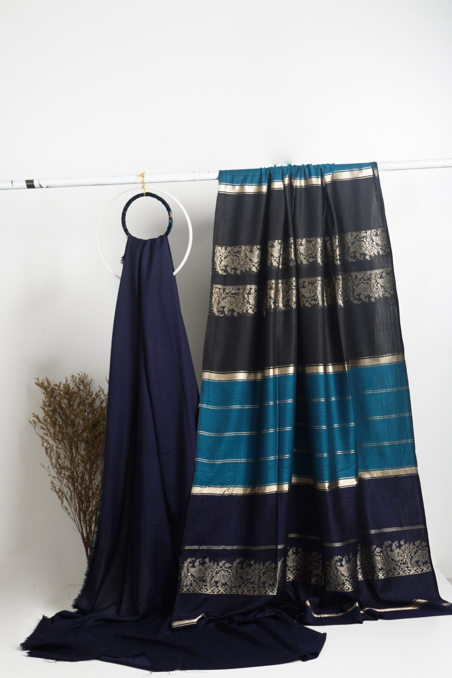 3 piece winter acralic pashmina   Banarsi   Shawl with plain karandi  shirt & Trouser (Navy blue)