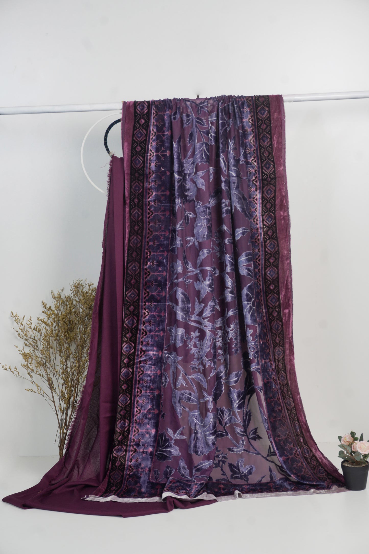 3 piece winter printed  Palachi Shawl with Rice karandi shirt & Trouser (Plum)