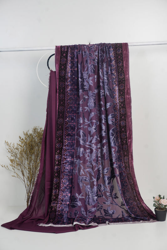 3 piece winter printed  Palachi Shawl with Rice karandi shirt & Trouser (Plum)