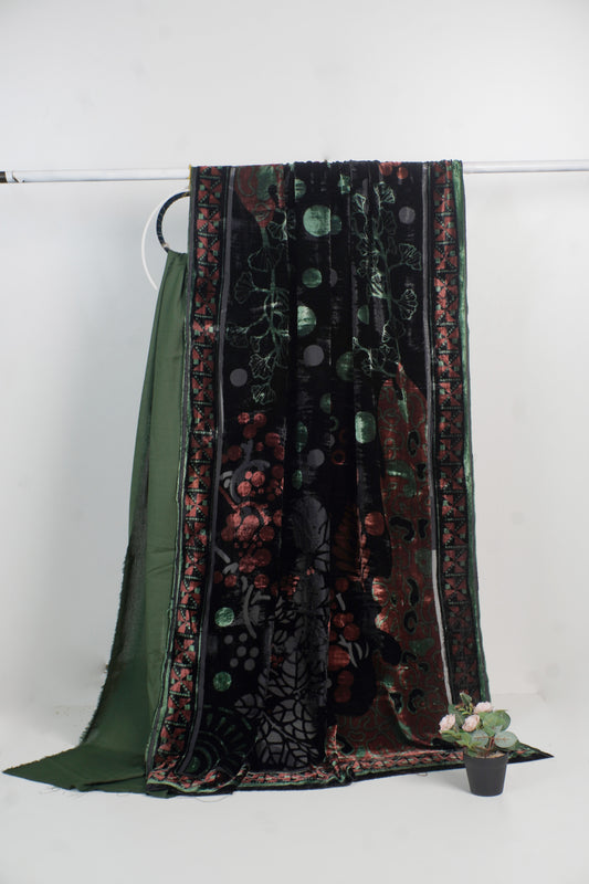 3 piece winter printed  Palachi Shawl with Rice karandi shirt & Trouser (Green)