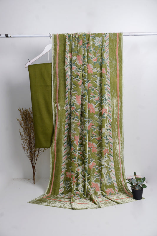 3 piece winter printed  Palachi Shawl with check Dhanak shirt & Trouser (Y.Green)