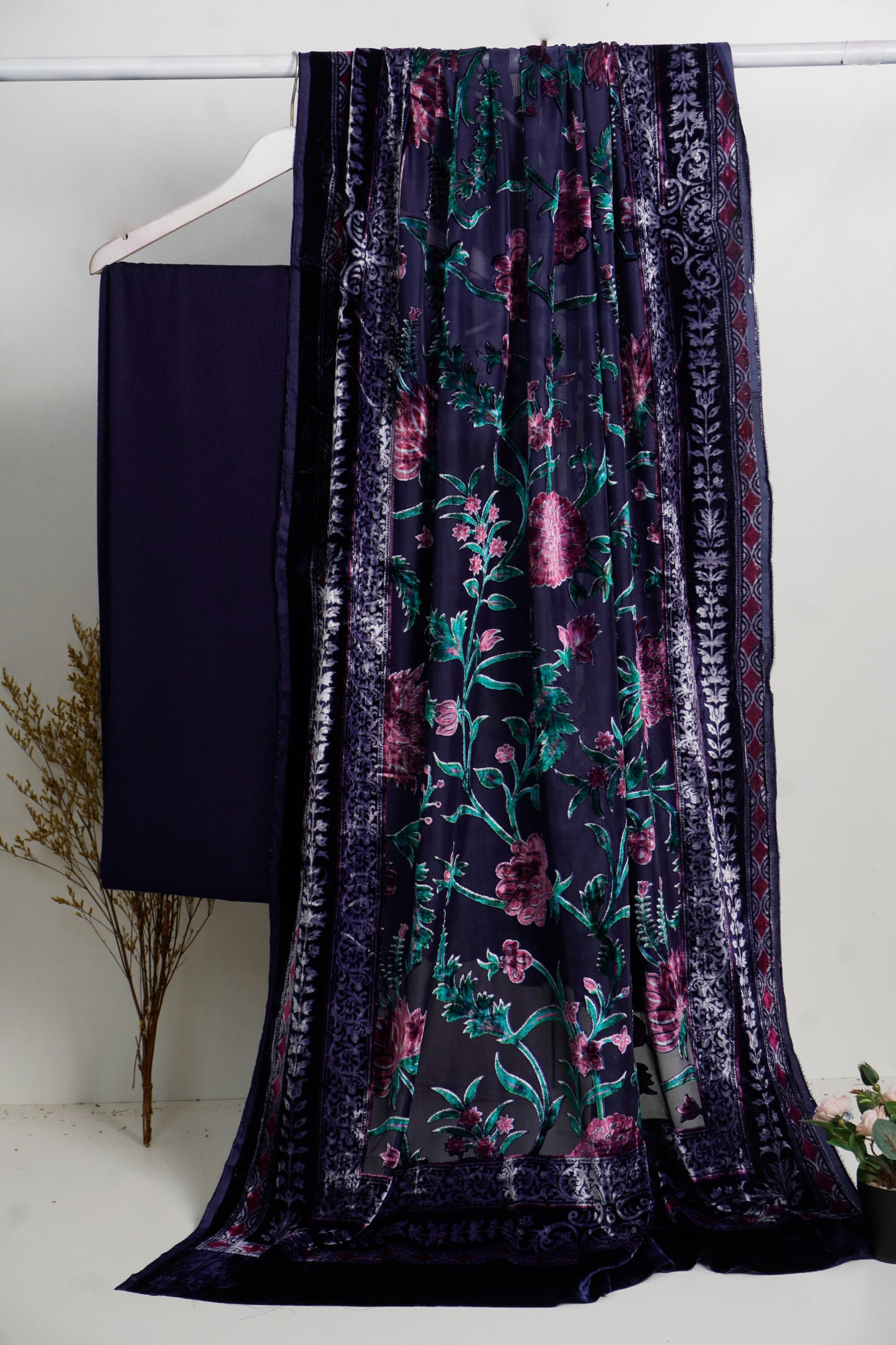 3 piece winter printed  Palachi Shawl with Rice karandi shirt & Trouser (blue)