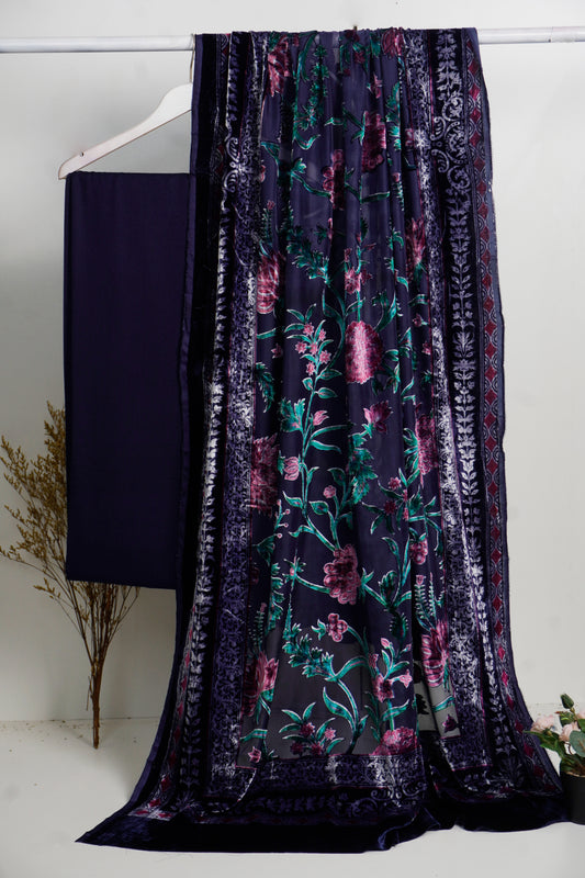 3 piece winter printed  Palachi Shawl with Rice karandi shirt & Trouser (blue)