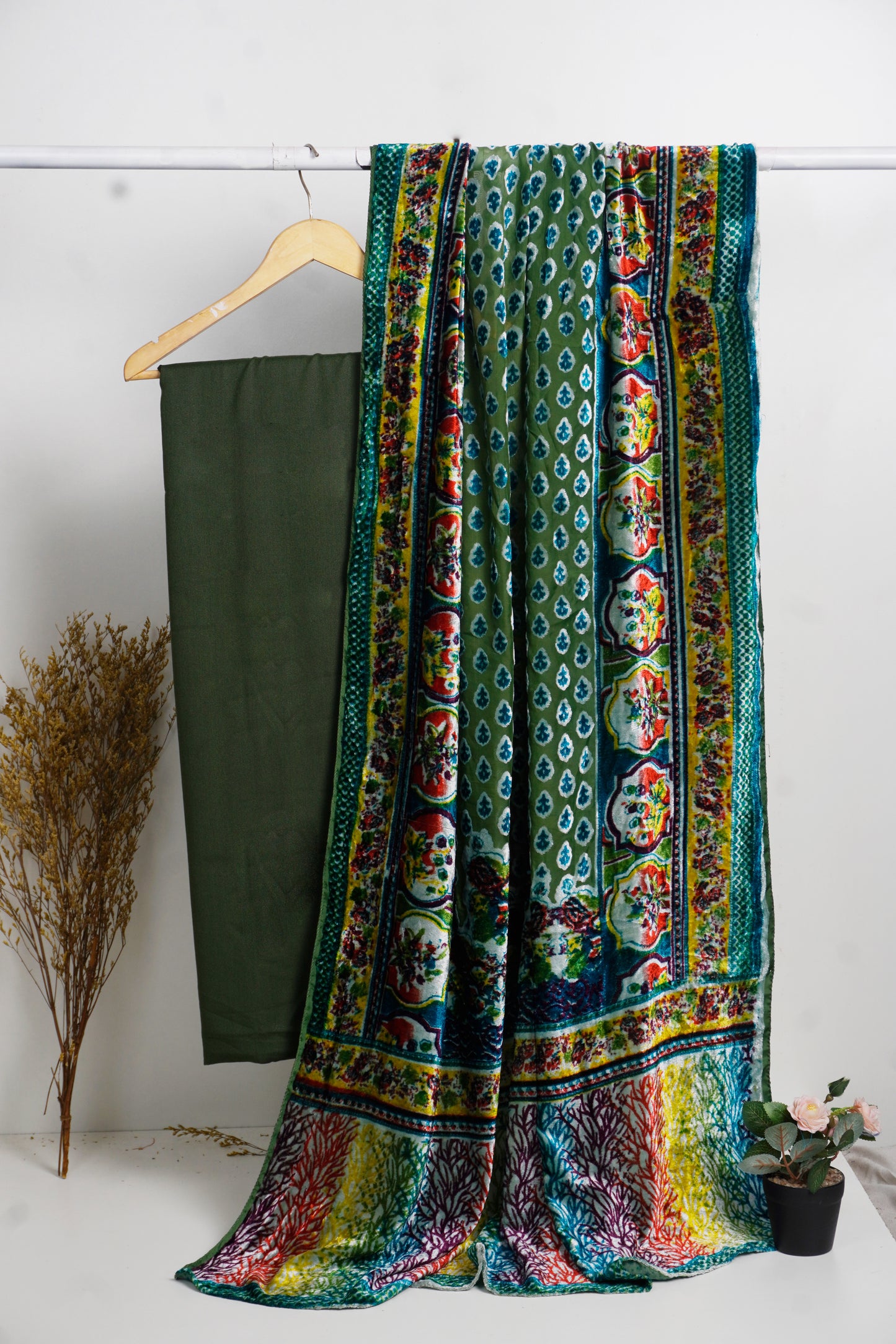 3 piece winter printed  Palachi Shawl with Rice karandi shirt & Trouser (Multi)