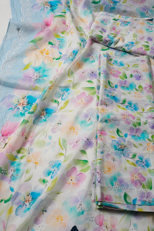 Embroided Printed lawn 3 piece sky