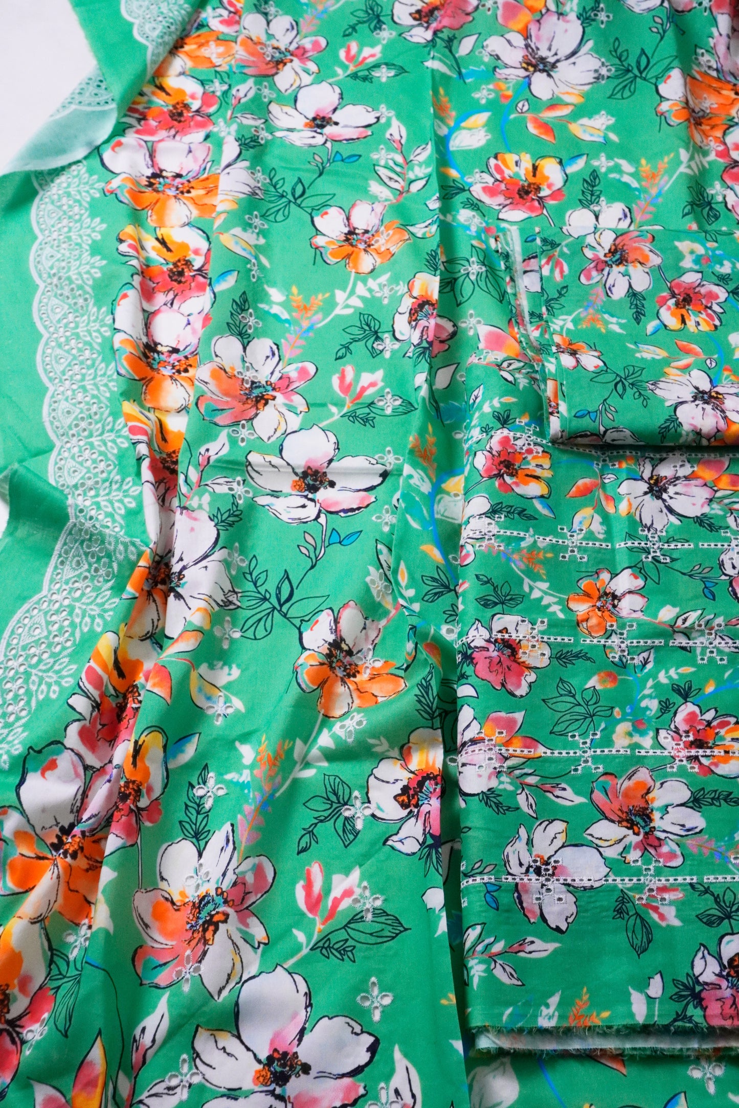 Embroided Printed lawn 3  green