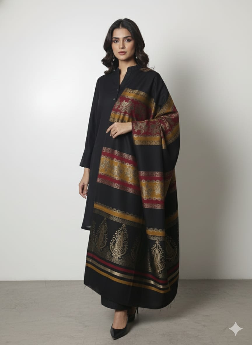 3 piece winter wool  jacquard    Shawl with  plain zariline  marina  shirt trouser   (black) LFE