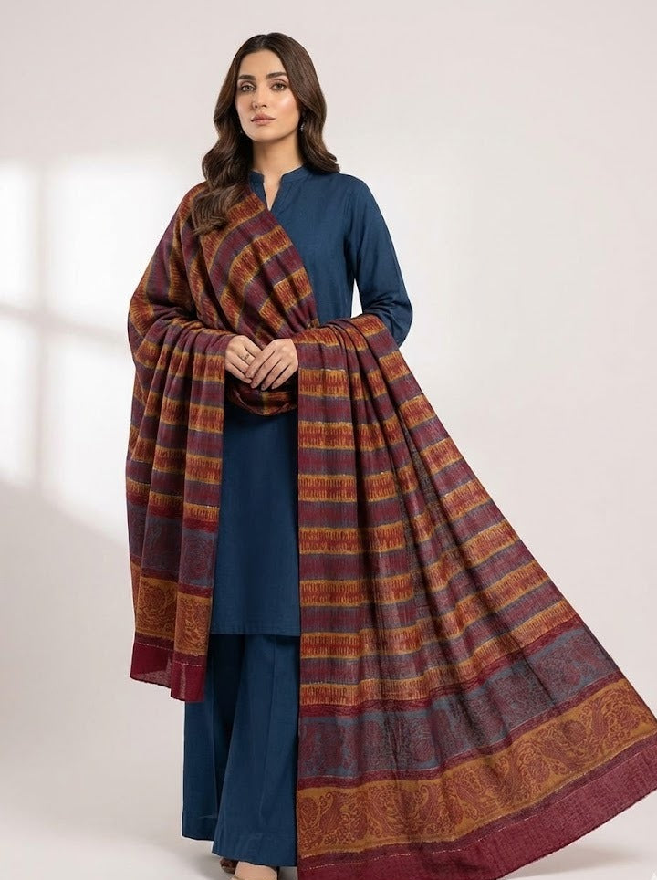 3 piece winter wool  Banarsi   Shawl with plain zari line Dhanak  Marina(  zink line)