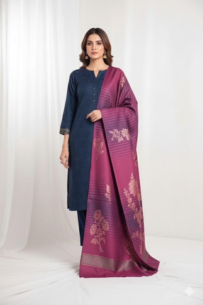 3 piece winter wool  jacquard    Shawl with   Zariline  Marina shirt and Trouser    (pnk)