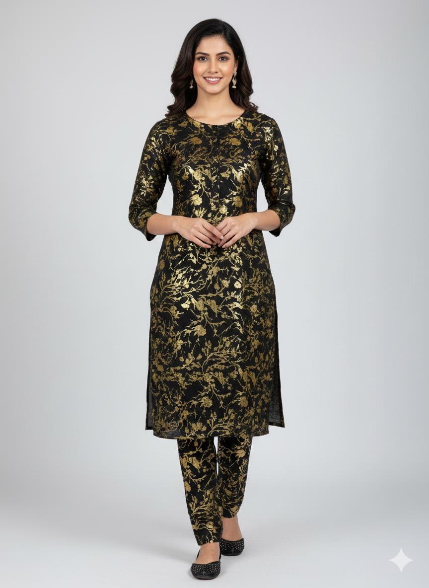 2 Piece Winter Gold glitter floral print ( BLACK)