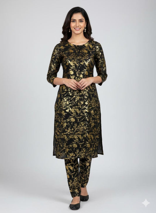 2 Piece Winter Gold glitter floral print ( BLACK)