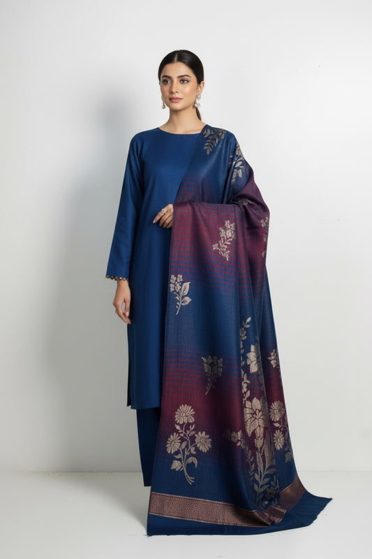 3 piece winter wool  jacquard    Shawl with   plain  Marina   (zink2)