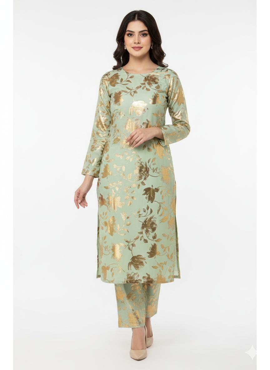 2 Piece Winter Gold glitter floral print (Pista Green)