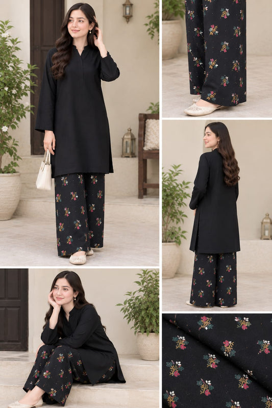 2 piece winter lakhani dhanak marina  plian shirt with printed trouser  ( black )
