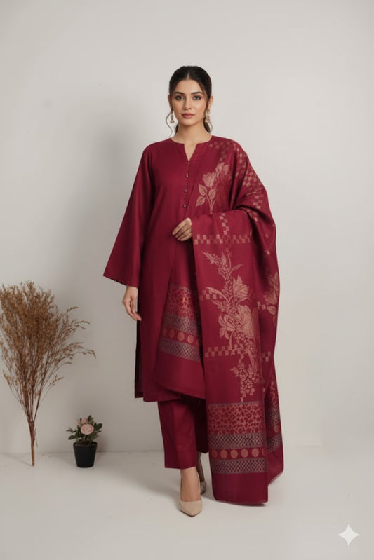 3 piece winter wool  jacquard    Shawl with   plain Marina   (mahroon)