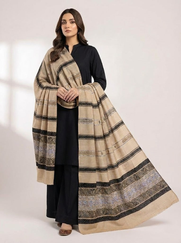 3 piece winter pashmina    Shawl with plain zari line Dhanak  Marina(  BLACK B )