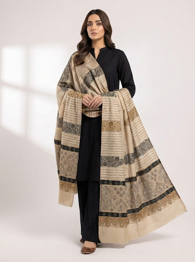 3 piece winter pashmina    Shawl with plain zari line Dhanak  Marina(  BLACK A )