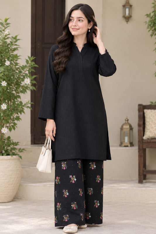 2 piece winter lakhani dhanak marina  plian shirt with printed trouser  ( black )