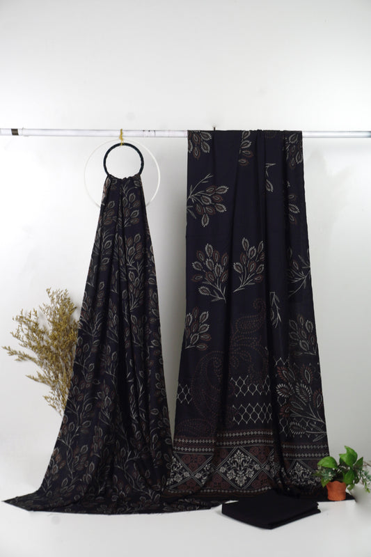 3Piece - Dhanak Lakhani Print  Suit Classic (Black )