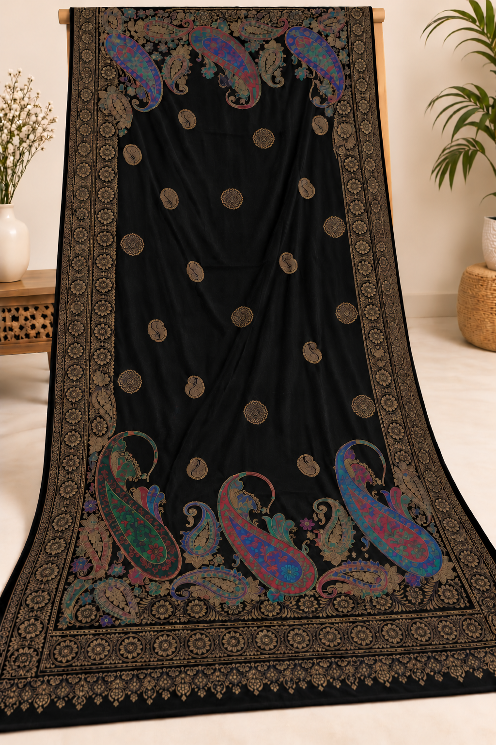 Premium Velvet Printed Shawl ( Black )