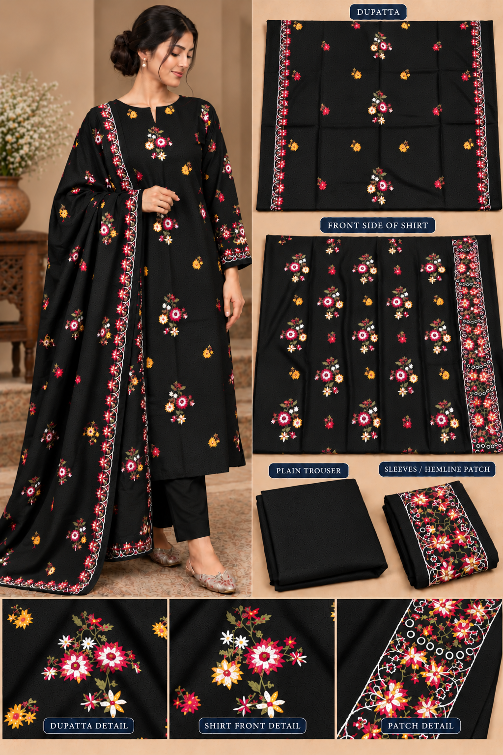 Premium Winter Dhanak Marina Embroidered 3 Piece Unstitched Suit – Black
