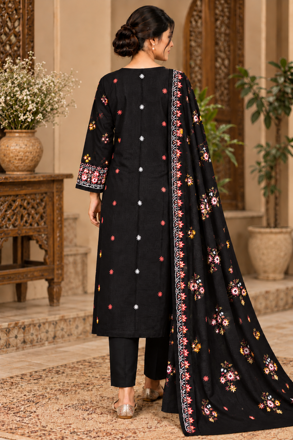 Premium Winter Dhanak Marina Embroidered 3 Piece Unstitched Suit – Black