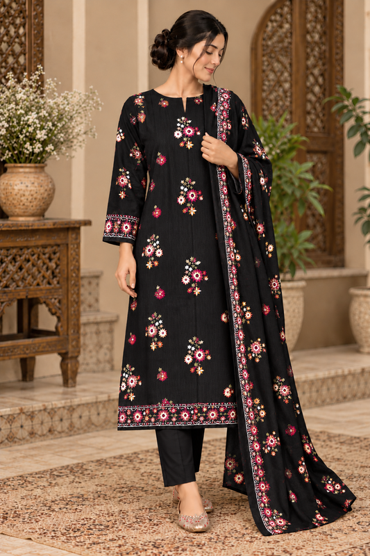 Premium Winter Dhanak Marina Embroidered 3 Piece Unstitched Suit – Black