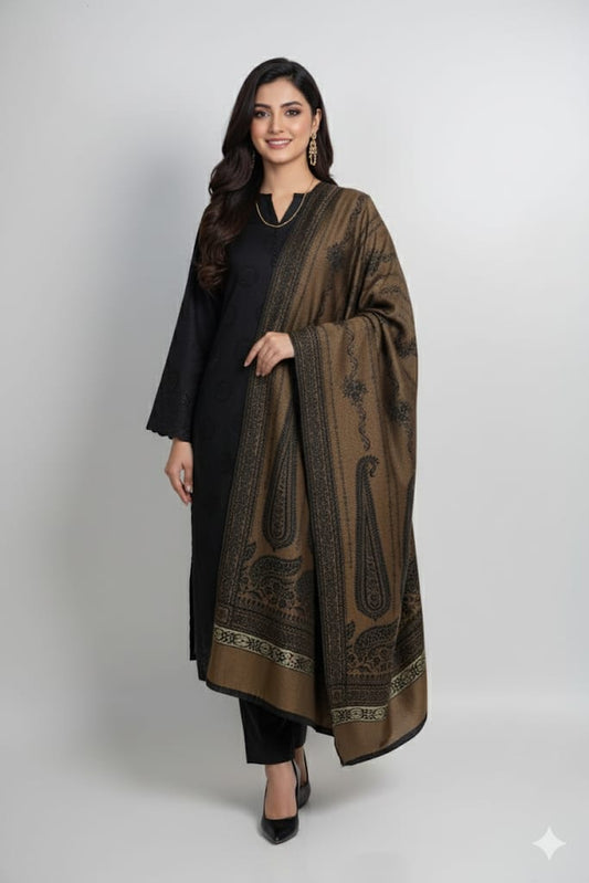 3 piece winter wool  jacquard    Shawl with  plain Marina shirt and  Trouser  (black8.5  )