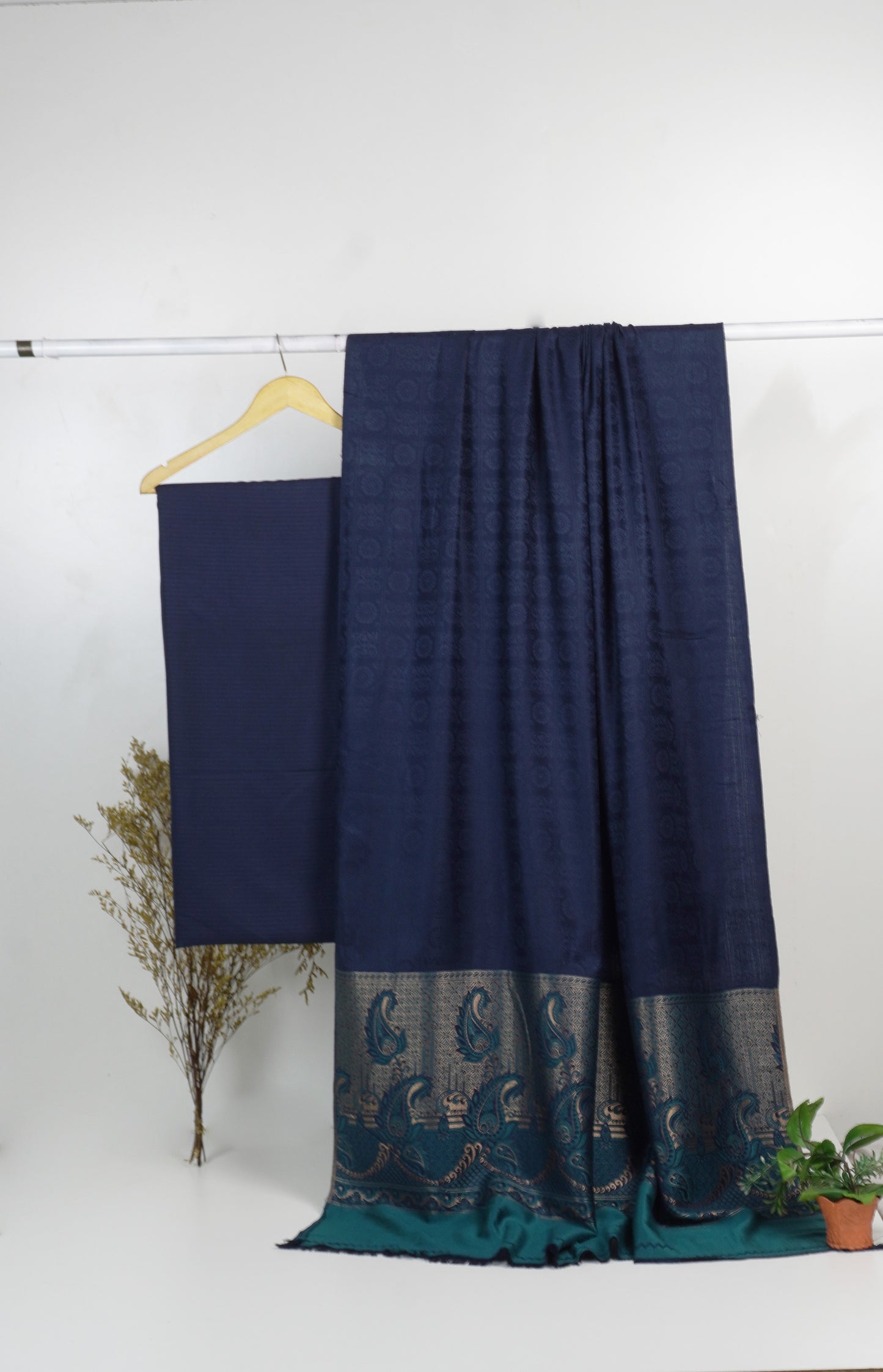 3  piece marina with  banarsi wool shawl (Navy blue )