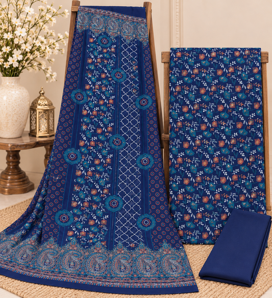 3Piece - Dhanak Lakhani Print  Suit Classic ( blue multi) BD