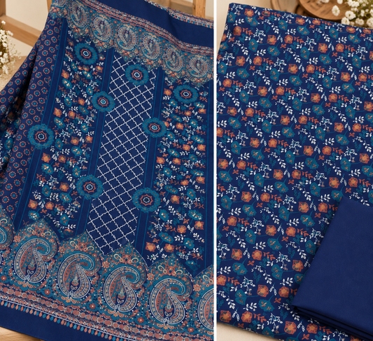 3Piece - Dhanak Lakhani Print  Suit Classic ( blue multi) BD