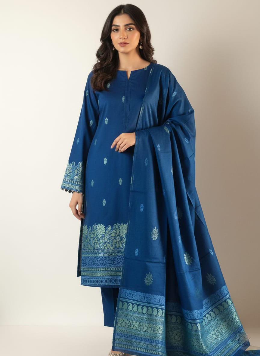 Lawn 3 piece with light weight Jacquard shawl  Blue.B