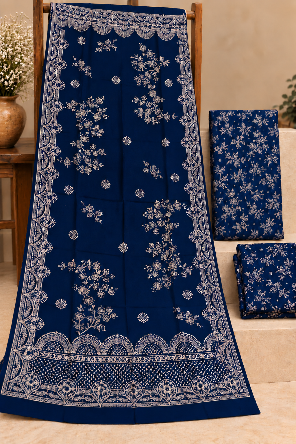 3Piece - Dhanak Lakhani Moonlight Print Suit Classic ( blue Zari line)