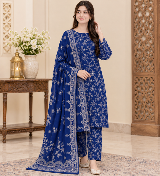 3Piece - Dhanak Lakhani Moonlight Print Suit Classic ( blue Zari line)