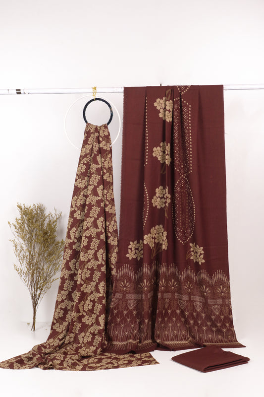 3Piece - Dhanak Lakhani Print  Suit Classic ( Brown ) BD