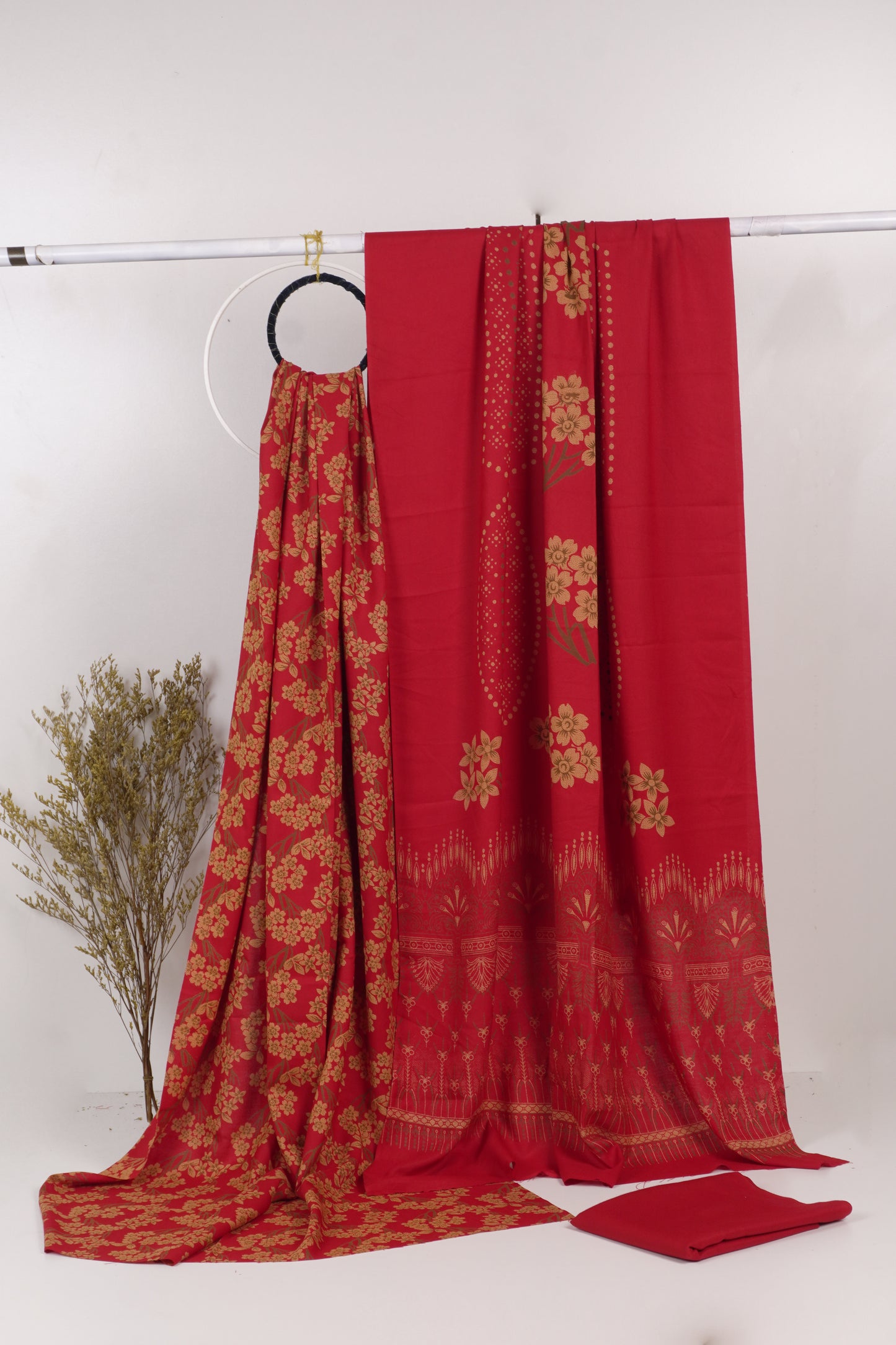 3Piece - Dhanak Lakhani Print  Suit Classic ( Red) BD